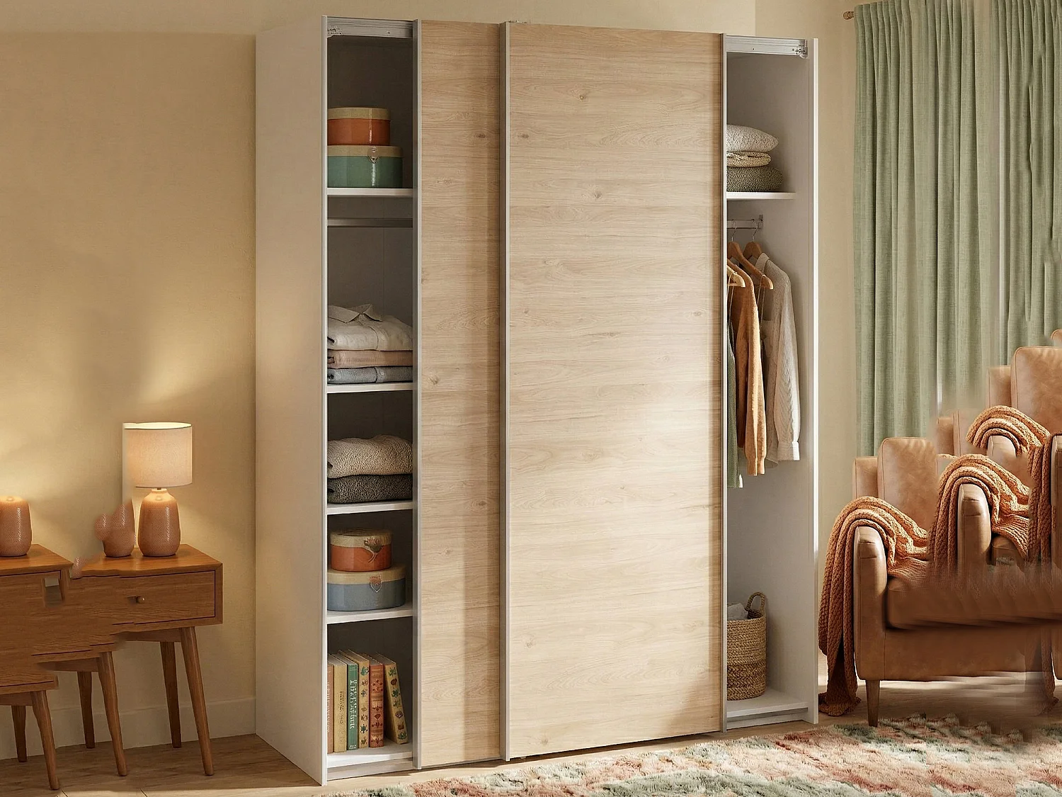 Garde-robe 2 portes Dstang, Meubles de chambre, Penderie de plain-pied, Placard à vêtements, 150x61 h200 cm, Blanc et Chêne clair