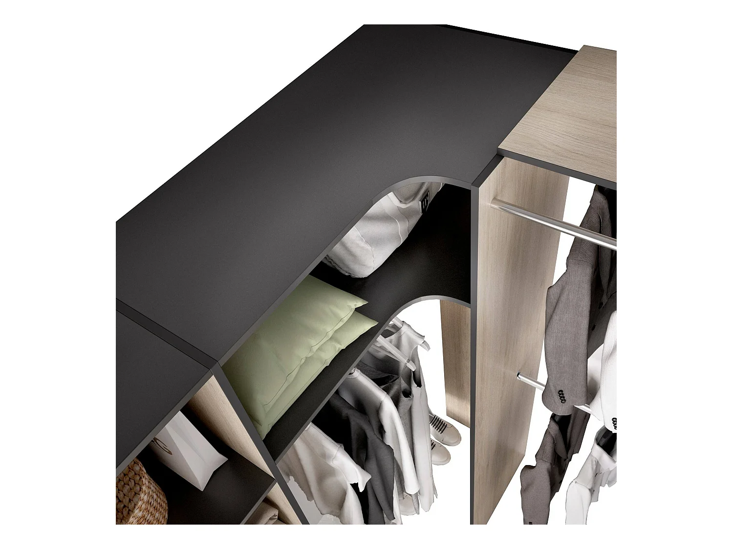 Grande Garde-robe Dtheegal, Meubles de chambre, Penderie de plain-pied, Placard à vêtements, 214x141 h205 cm, Anthracite et Chêne clair