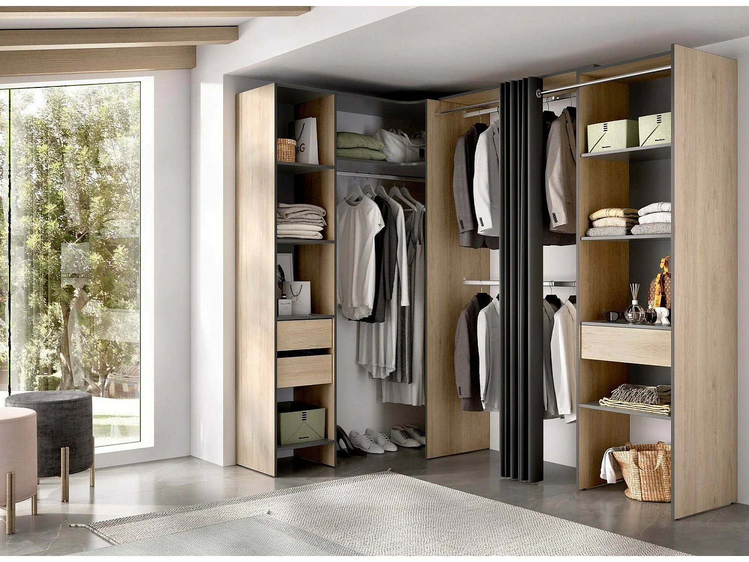 Grande Garde-robe Dtheegal, Meubles de chambre, Penderie de plain-pied, Placard à vêtements, 214x141 h205 cm, Anthracite et Chêne clair