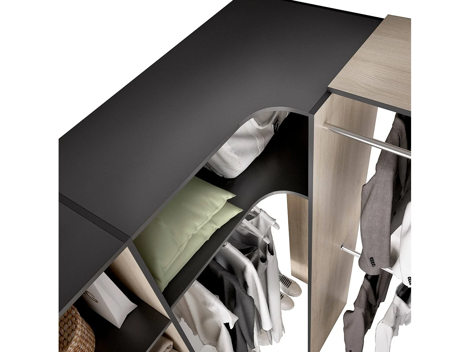 Grande Garde-robe Dtheegal, Meubles de chambre, Penderie de plain-pied, Placard à vêtements, 214x141 h205 cm, Anthracite et Chêne clair