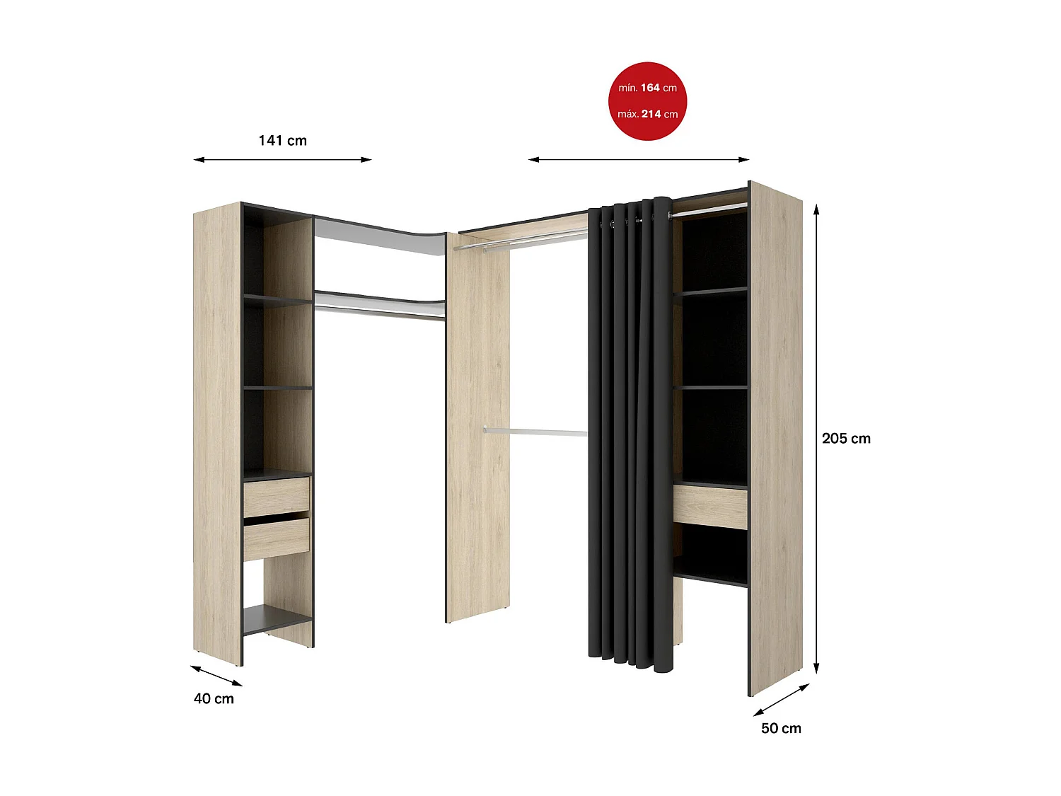 Grande Garde-robe Dtheegal, Meubles de chambre, Penderie de plain-pied, Placard à vêtements, 214x141 h205 cm, Anthracite et Chêne clair