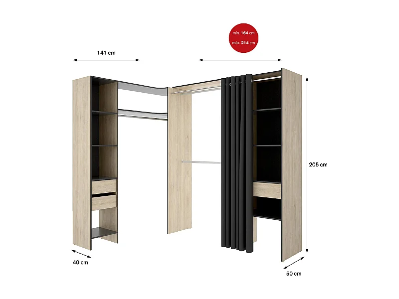 Dtheegal grote kledingkast, Slaapkamermeubel, Inloopkast, Kledingkast, 214x141 h205 cm, Antraciet en Eiken