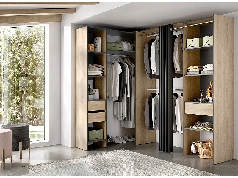 Grande Garde-robe Dtheegal, Meubles de chambre, Penderie de plain-pied, Placard à vêtements, 214x141 h205 cm, Anthracite et Chêne clair