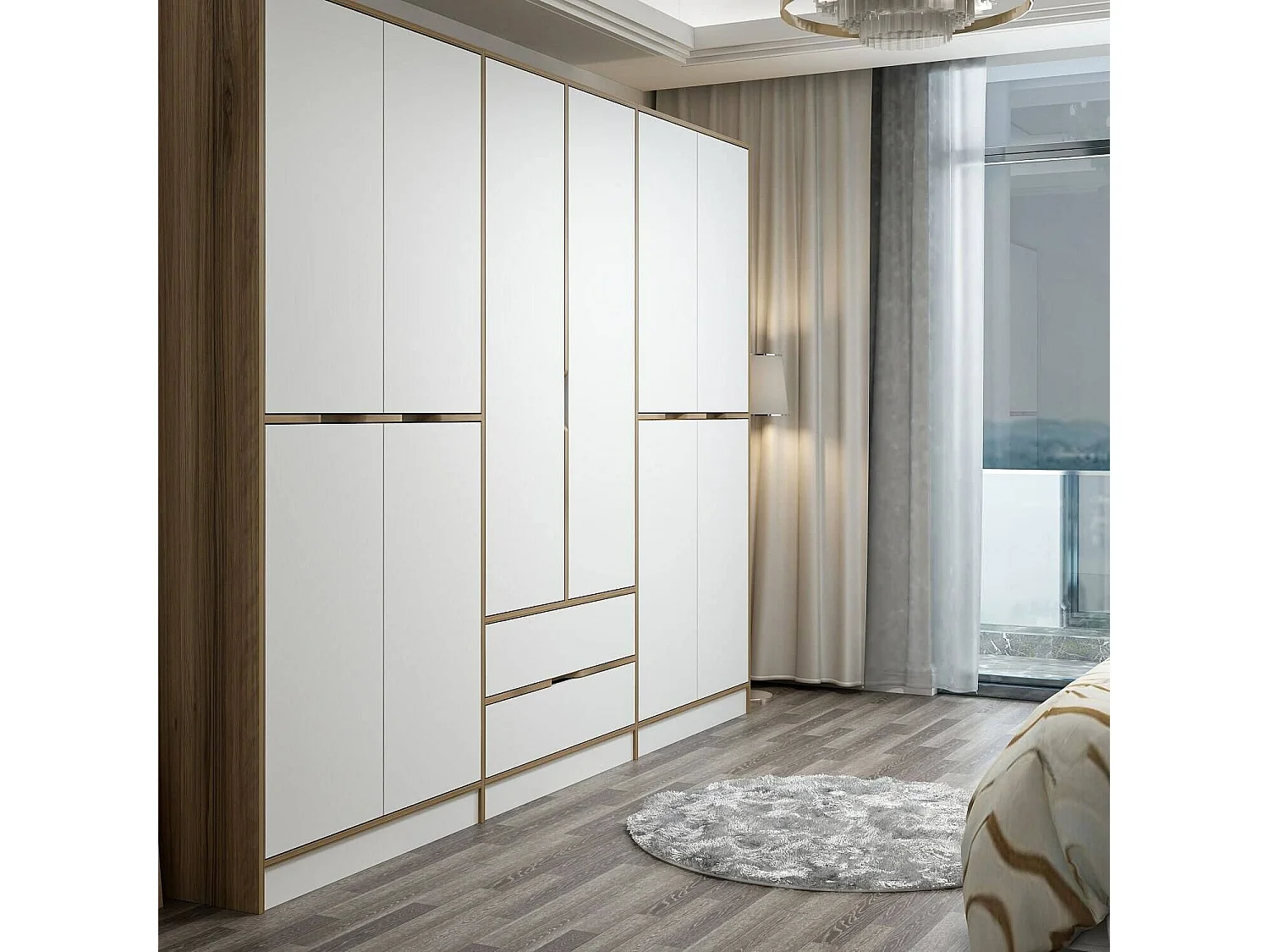 Draic grote kledingkast, Slaapkamermeubilair, Inloopkast, Kledingkast, 277x52 h208 cm, Wit en Goud