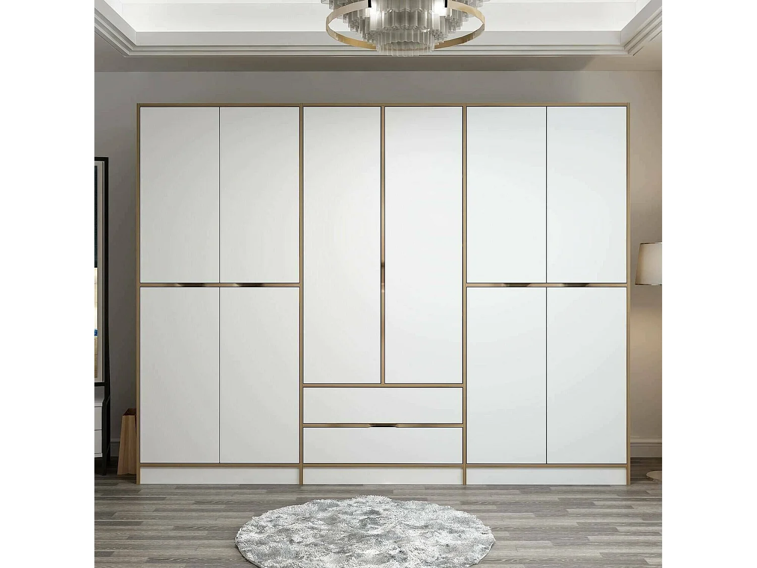 Grande Garde-robe Draic, Meubles de chambre, Penderie de plain-pied, Placard à vêtements, 277x52 h208 cm, Blanc et Or