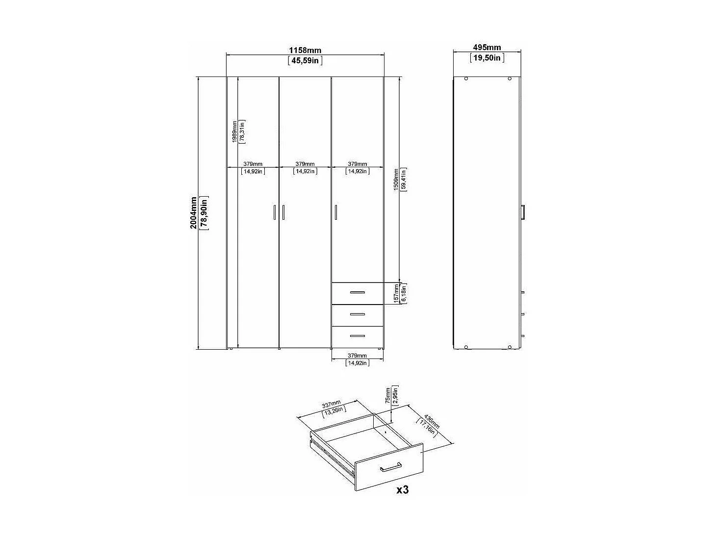 Kleiderschrank 3 Türen Dsemplic, Schlafzimmermöbel, Schrank, Garderobe, 116x50 h200 cm, WeiÃŸ
