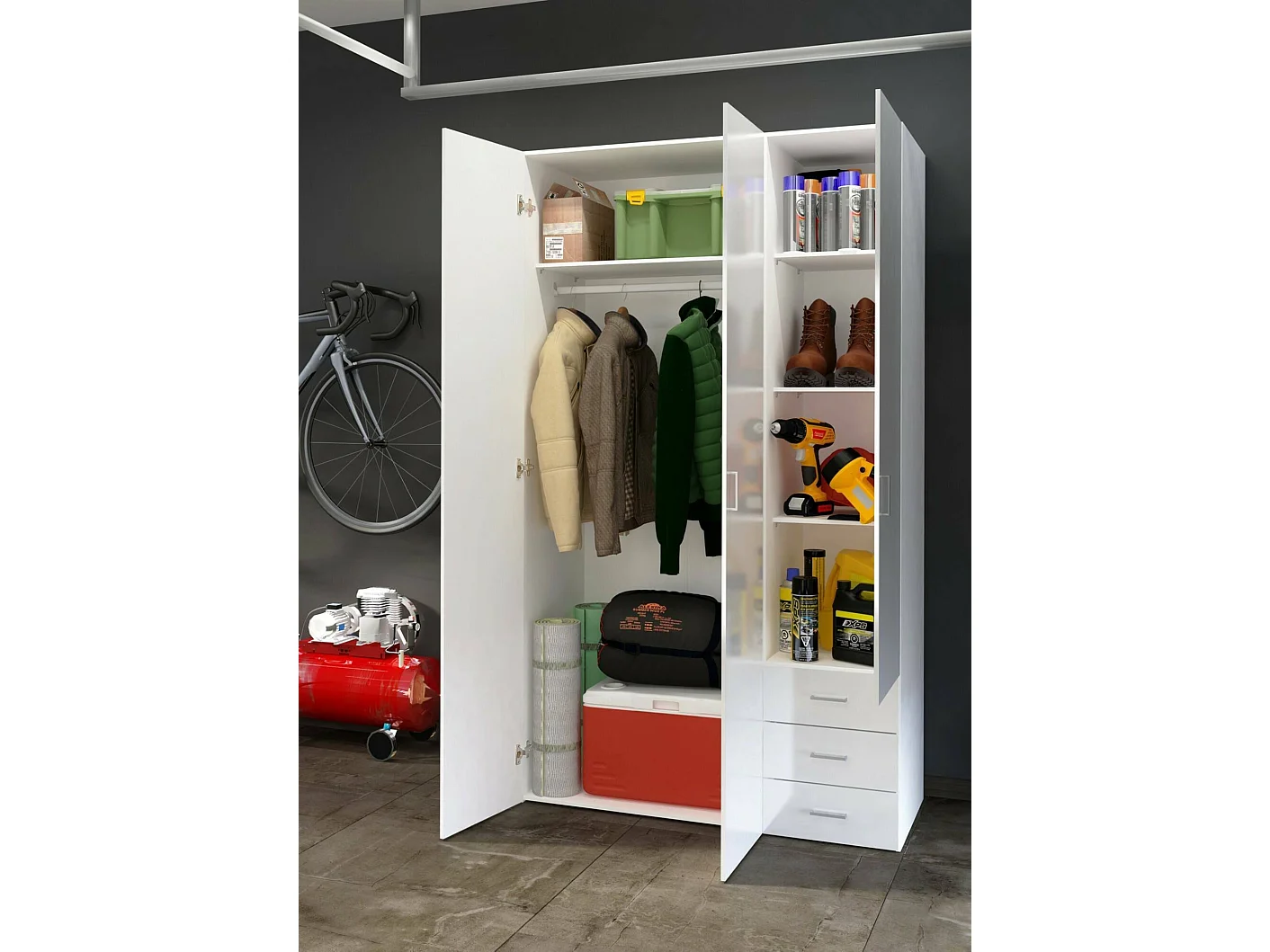 Kleiderschrank 3 Türen Dsemplic, Schlafzimmermöbel, Schrank, Garderobe, 116x50 h200 cm, WeiÃŸ