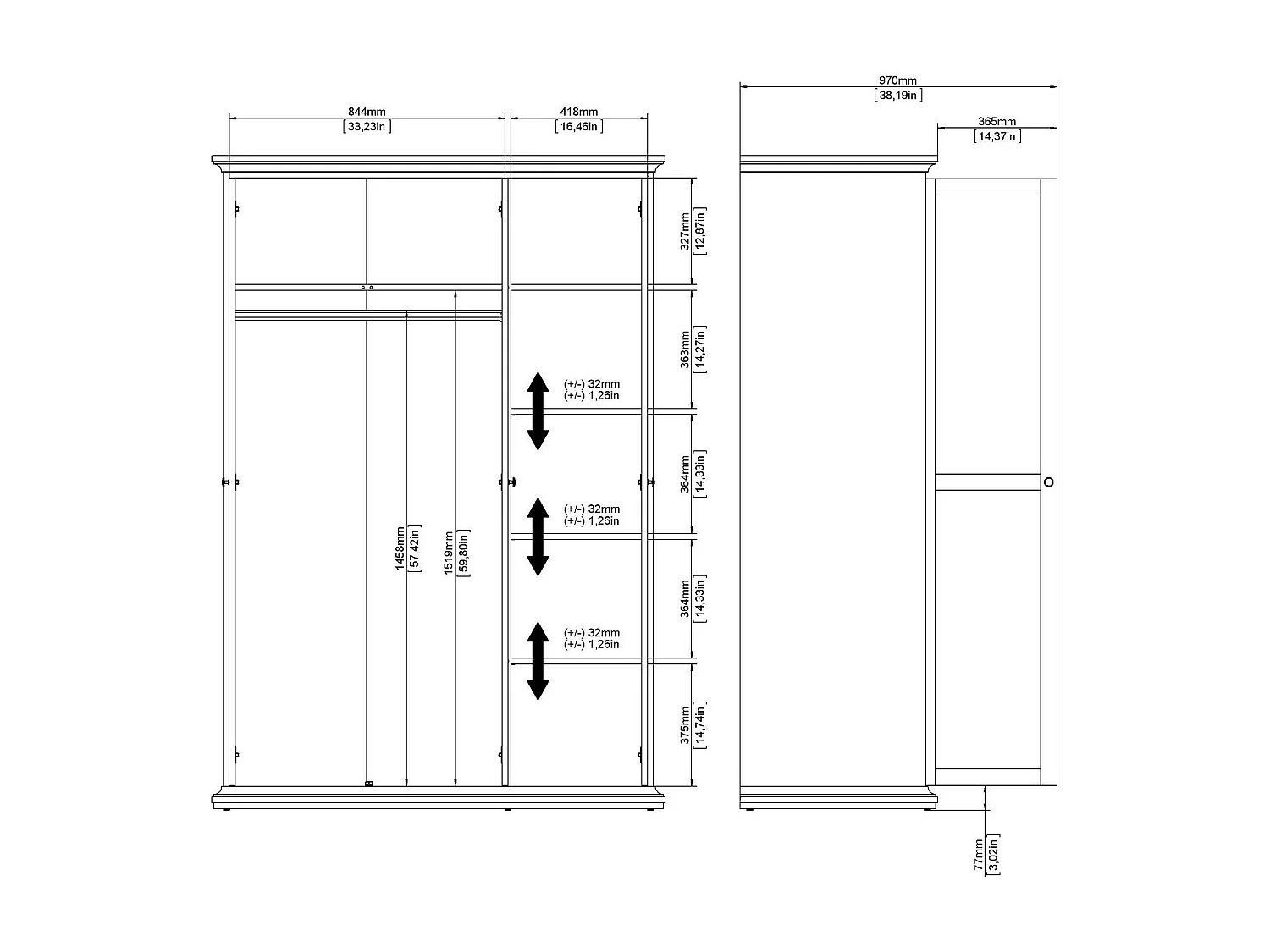 Kleiderschrank 3 Türen Dsempe, Schlafzimmermöbel, Schrank, Garderobe, 139x61 h201 cm, WeiÃŸ