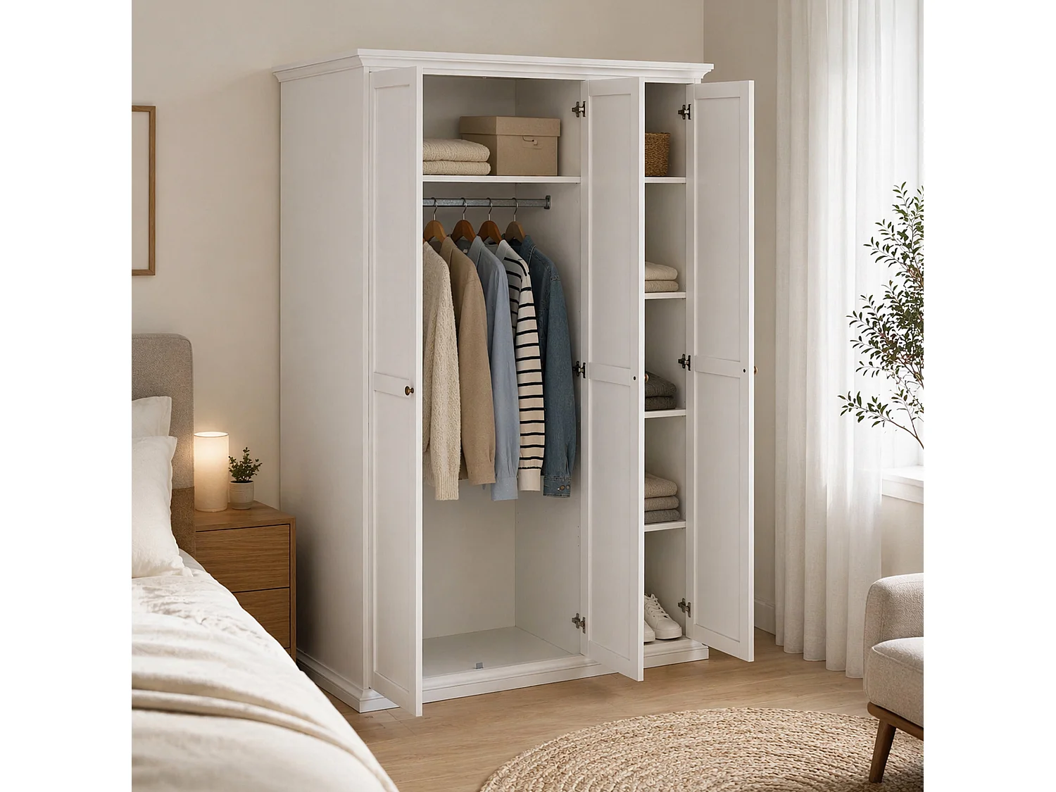 Garde-robe 3 portes Dsempe, Meubles de chambre, Penderie de plain-pied, Placard à vêtements, 139x61 h201 cm, Blanc