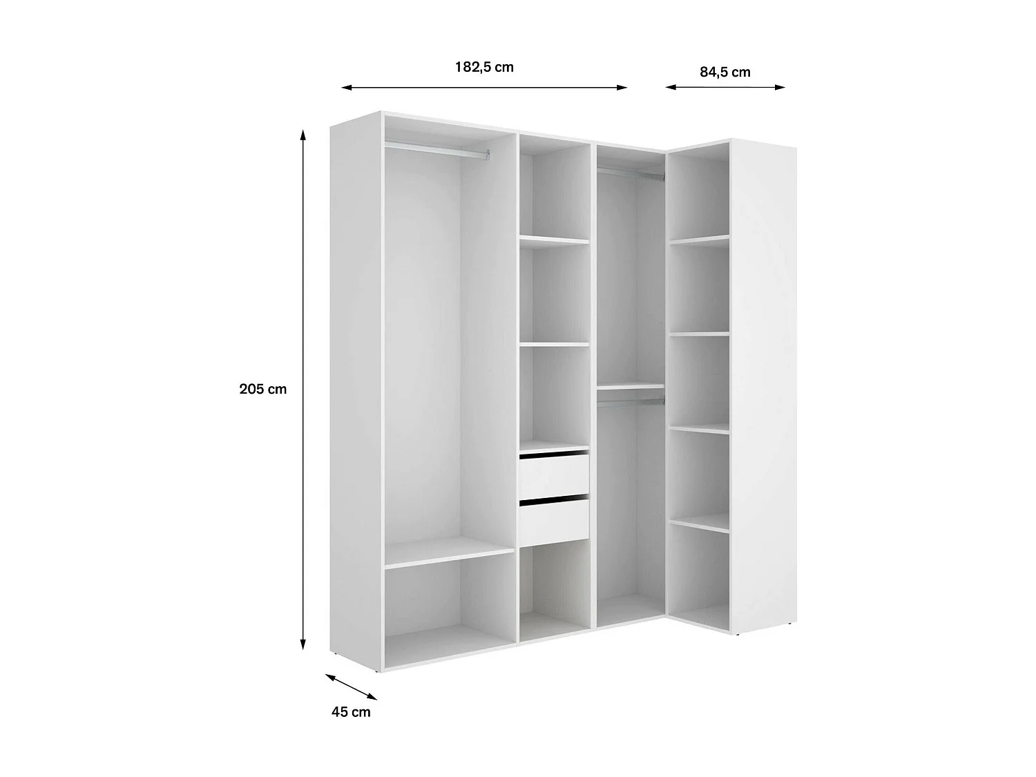 Grande Garde-robe Dda, Meubles de chambre, Penderie de plain-pied, Placard à vêtements, 183x85 h205 cm, Blanc et Chêne clair