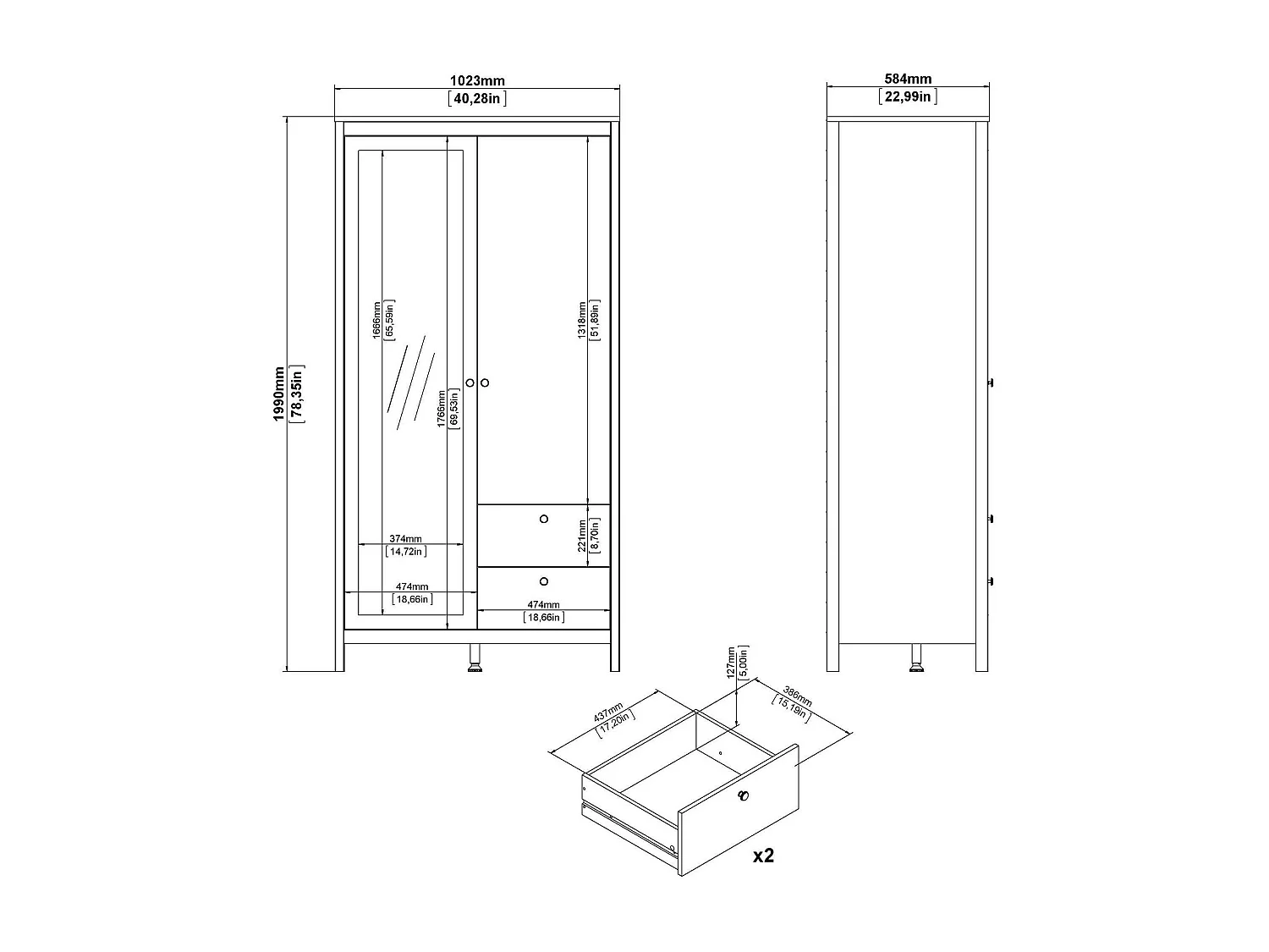 Kleiderschrank 2 Türen Dscarlat, Schlafzimmermöbel, Schrank, Garderobe, 102x58 h199 cm, Schwarz