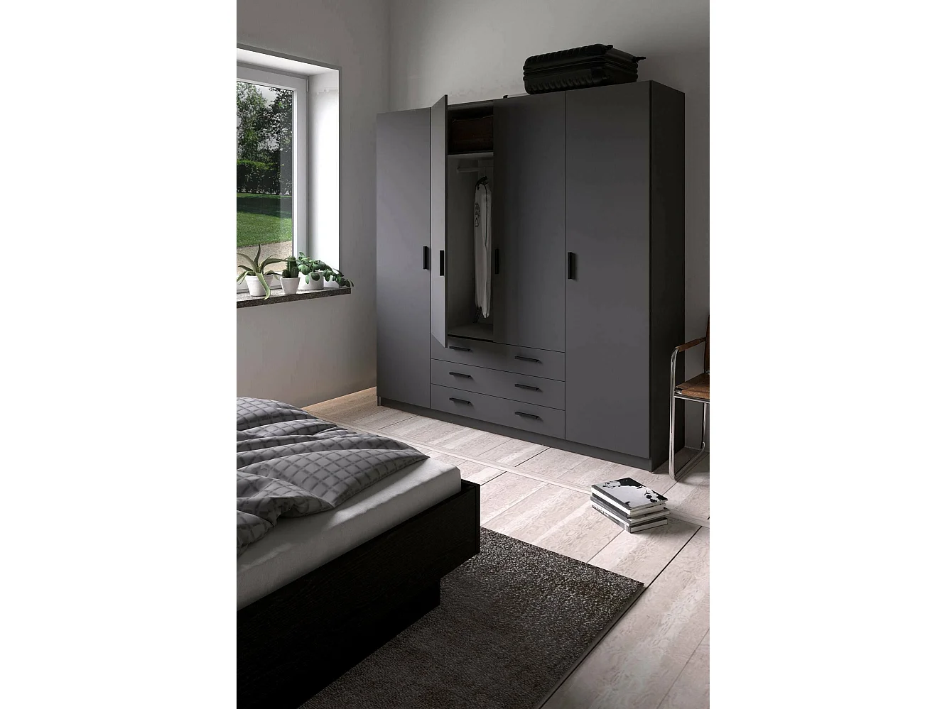 Grande Garde-robe Dserafin, Meubles de chambre, Penderie de plain-pied, Placard à vêtements, 196x50 h200 cm, Gris