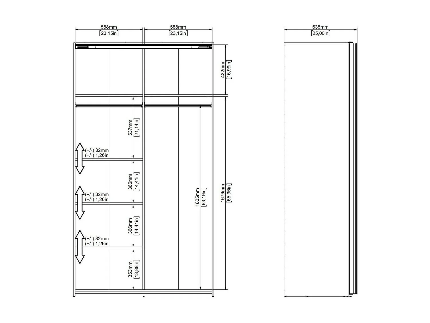Dmora - Guardaroba 2 ante Severin, 122x62 h220 cm, Bianco lucido