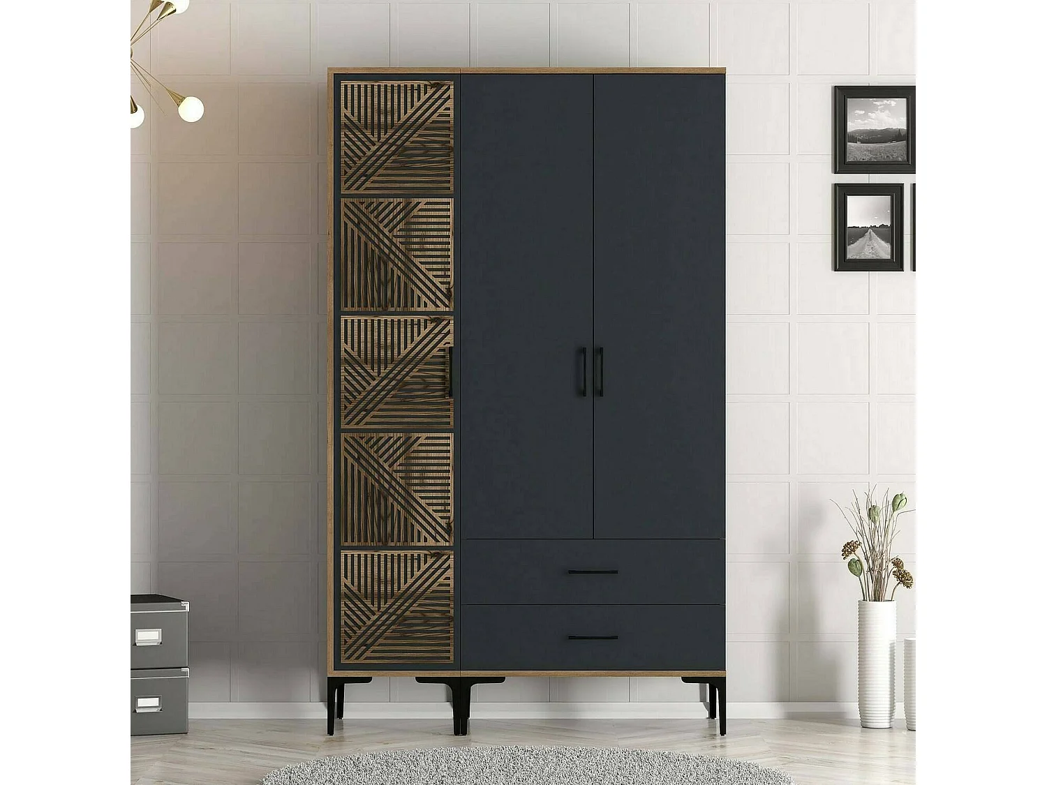 Guardaroba 3 Ante Awty, 2 Cassetti, 47.5x120 cm Nero Antracite, Armadio Camera da Letto