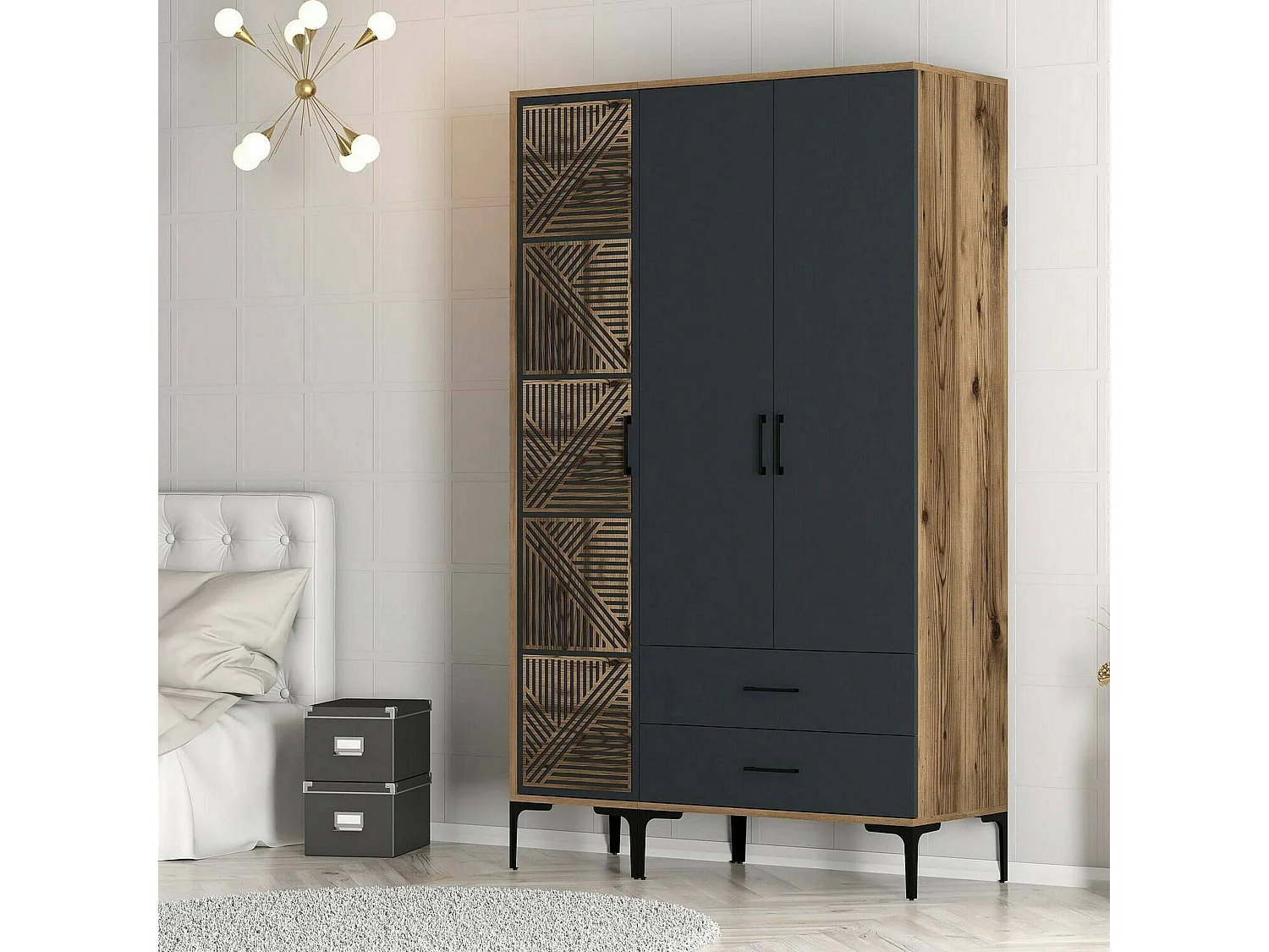 Guardaroba 3 Ante Awty, 2 Cassetti, 47.5x120 cm Nero Antracite, Armadio Camera da Letto