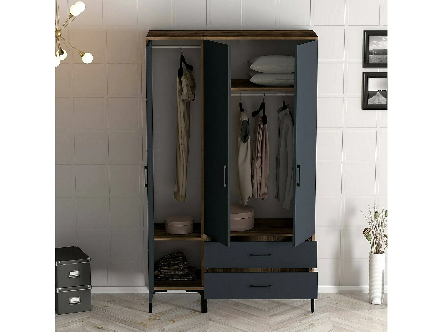 Guardaroba 3 Ante Awty, 2 Cassetti, 47.5x120 cm Nero Antracite, Armadio Camera da Letto