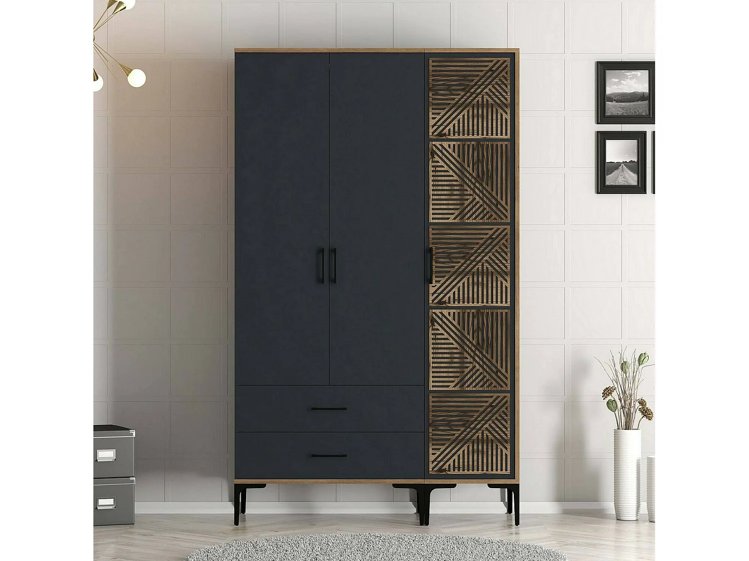 Guardaroba 3 Ante Awty, 2 Cassetti, 47.5x120 cm Nero Antracite, Armadio Camera da Letto