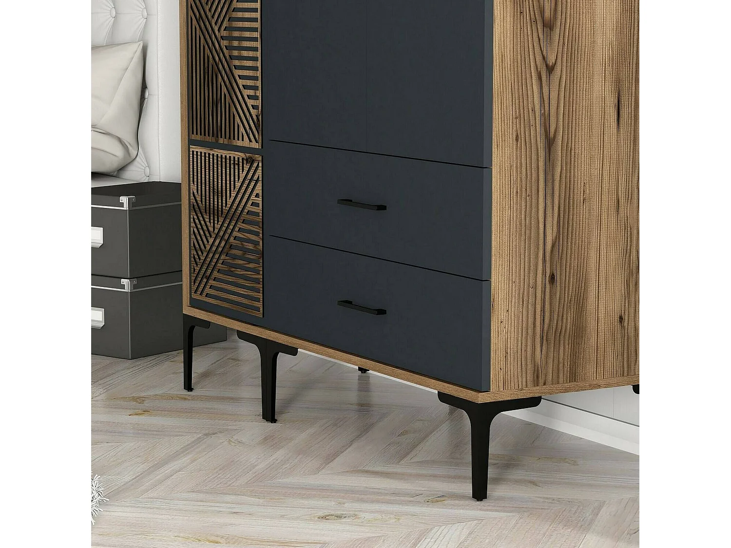 Guardaroba 3 Ante Awty, 2 Cassetti, 47.5x120 cm Nero Antracite, Armadio Camera da Letto
