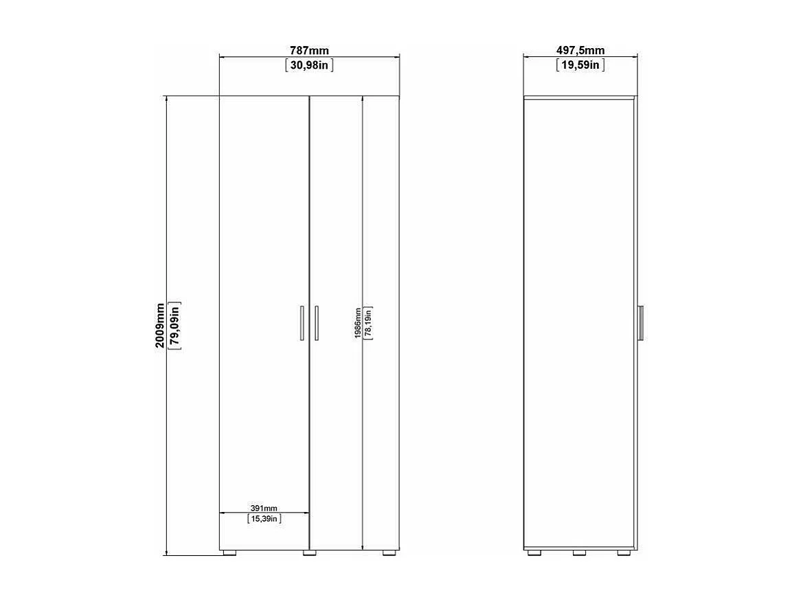 Garde-robe 2 portes Dscamacc, Meubles de chambre, Penderie de plain-pied, Placard à vêtements, 79x50 h201 cm, Chêne et Blanc