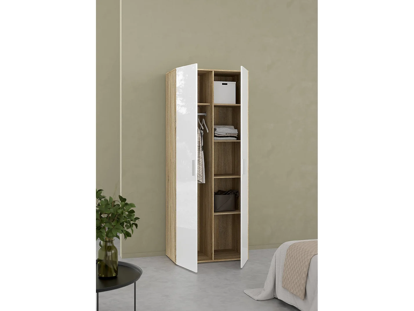 Garde-robe 2 portes Dscamacc, Meubles de chambre, Penderie de plain-pied, Placard à vêtements, 79x50 h201 cm, Chêne et Blanc