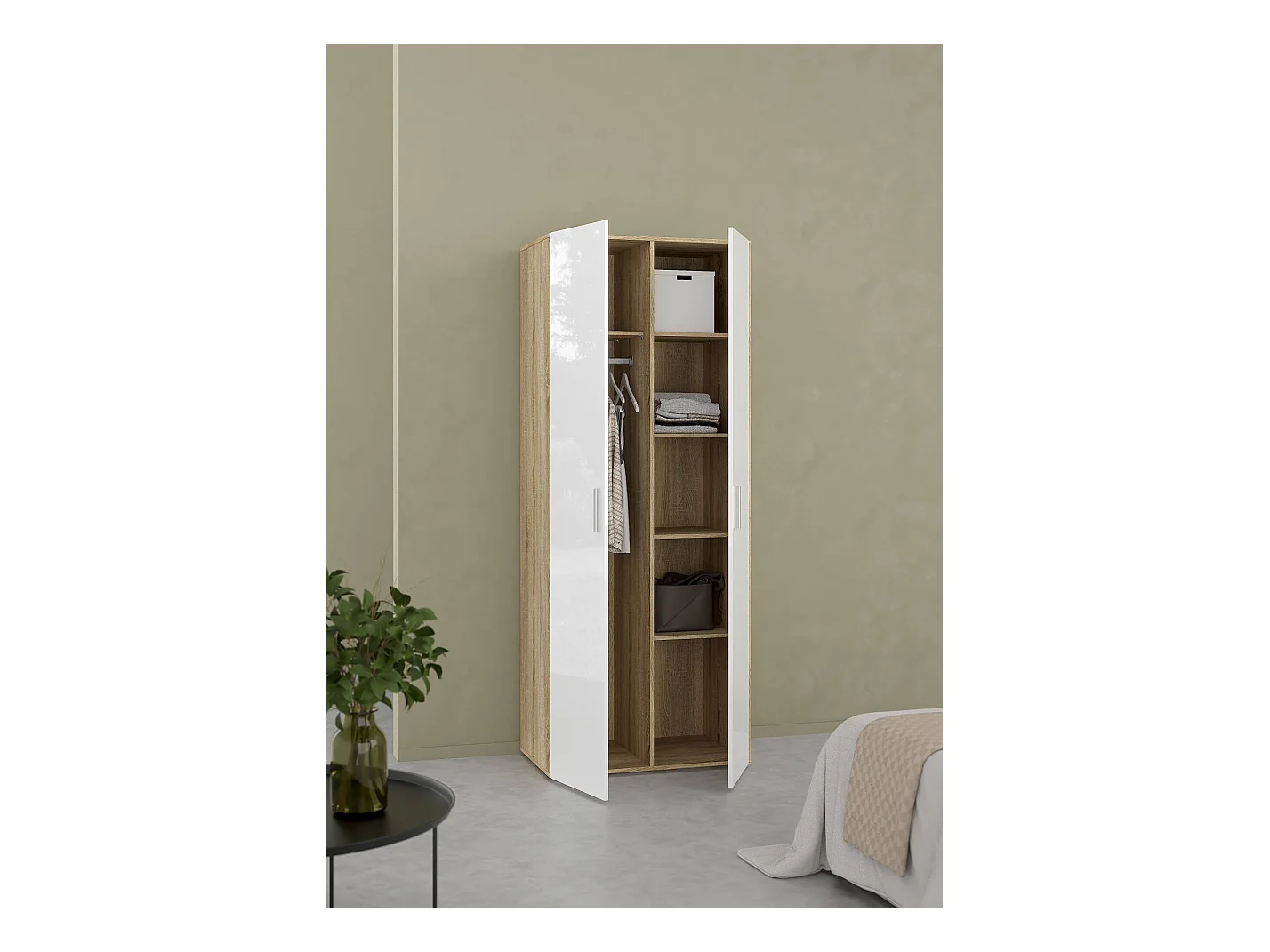 Kleiderschrank 2 Türen Dscamacc, Schlafzimmermöbel, Schrank, Garderobe, 79x50 h201 cm, Eiche und Weiß