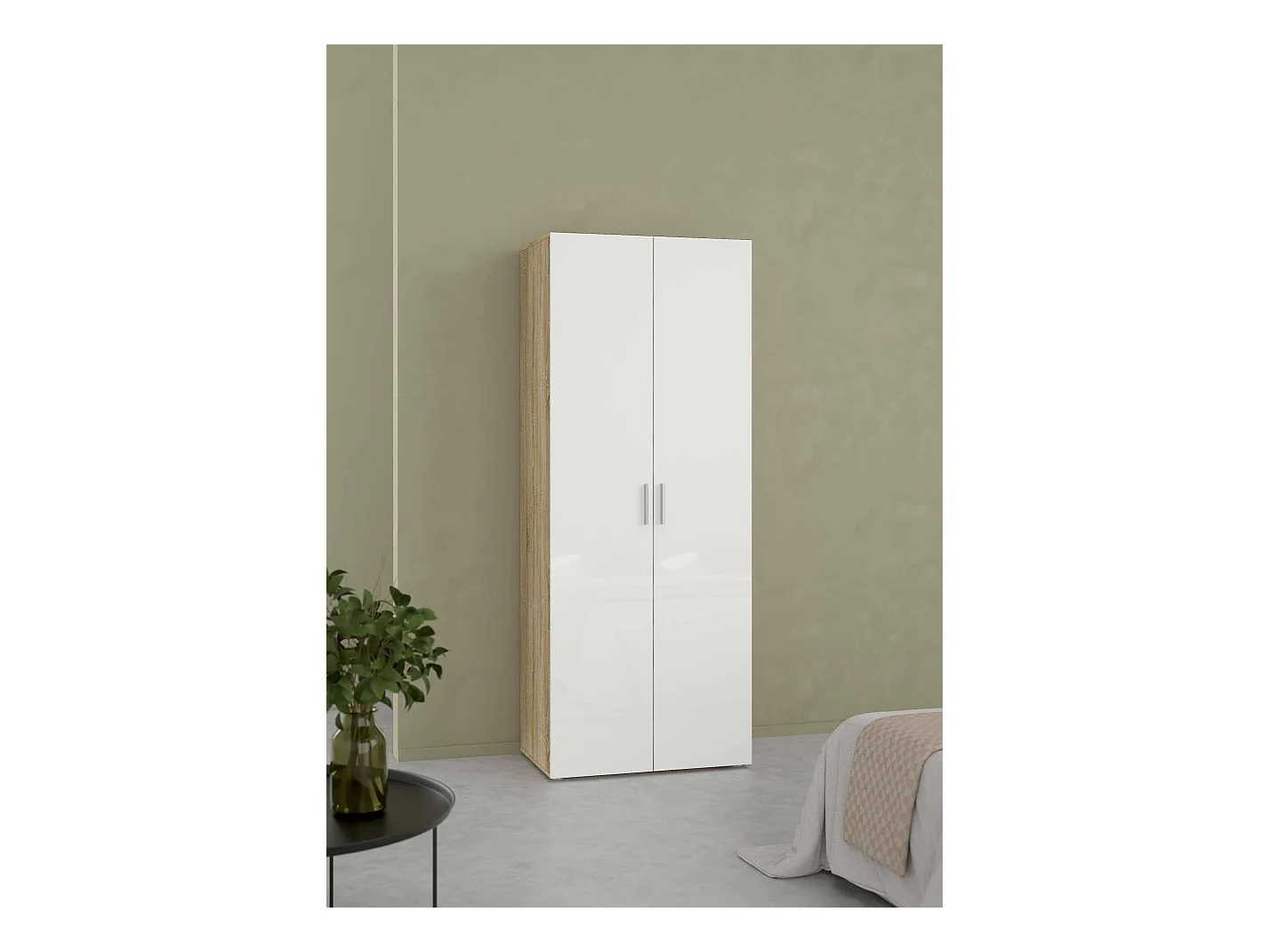 Kleiderschrank 2 Türen Dscamacc, Schlafzimmermöbel, Schrank, Garderobe, 79x50 h201 cm, Eiche und Weiß