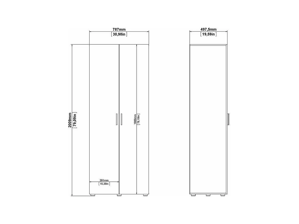 Kleiderschrank 2 Türen Dscamacc, Schlafzimmermöbel, Schrank, Garderobe, 79x50 h201 cm, Eiche und Weiß
