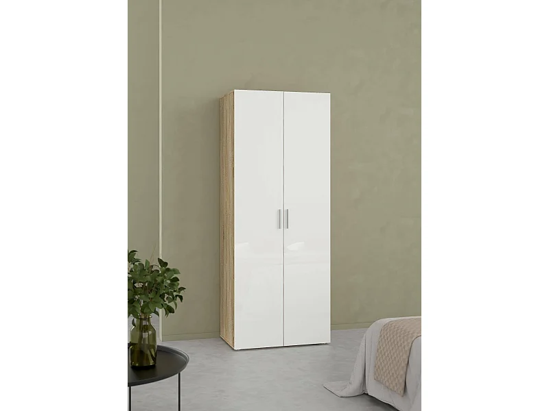 Dscamacc 2-deurskast, Slaapkamermeubel, Inloopkast, Kledingkast, 79x50 h201 cm, Eiken en Wit