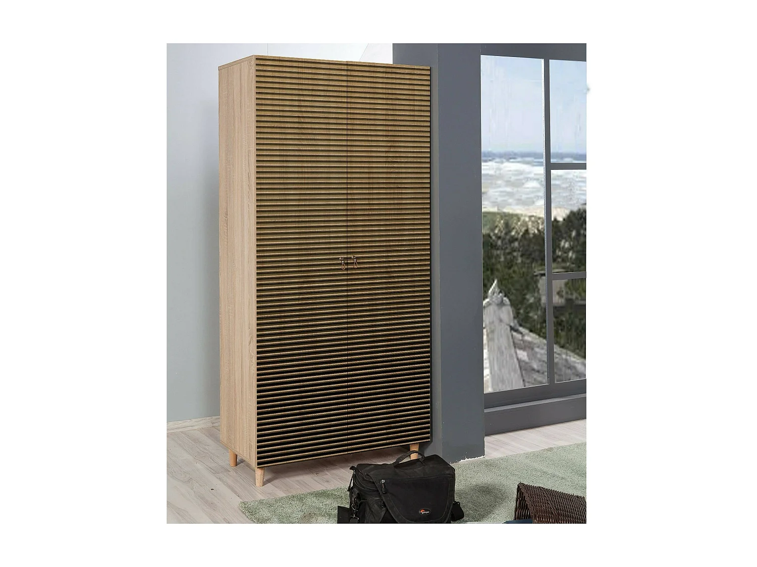 Garde-robe 2 portes Dfrollan, Meubles de chambre, Penderie de plain-pied, Placard à vêtements, 90x52h192 cm, Chêne