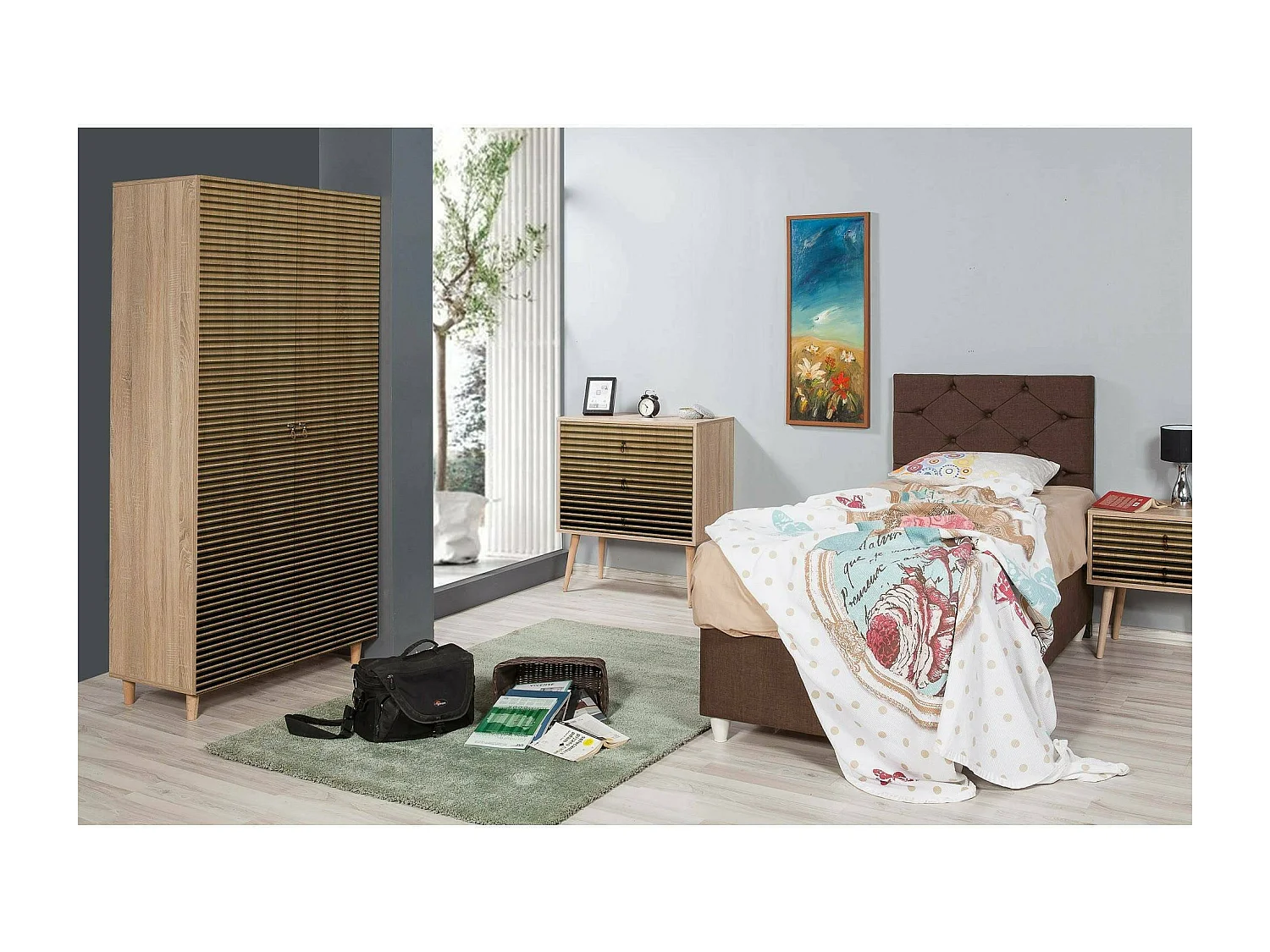 Kleiderschrank 2 Türen Dfrollan, Schlafzimmermöbel, Schrank, Garderobe, 90x52h192 cm, Eiche