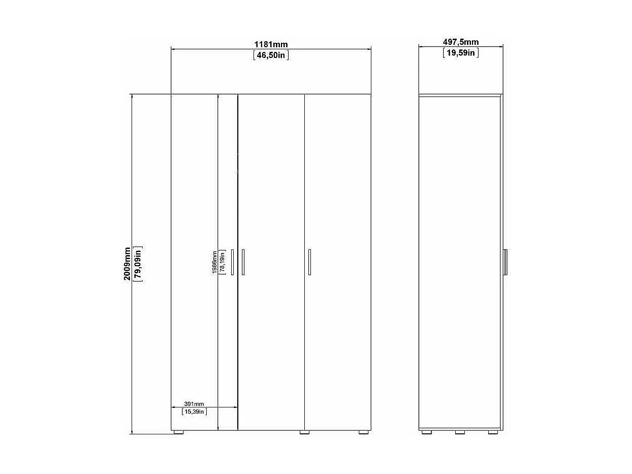 Drivier 3-deurskast, Slaapkamermeubel, Inloopkast, Kledingkast, 118x50 h201 cm, Zwart