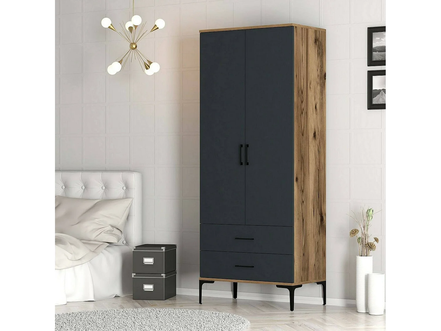 Garde-robe 2 portes Dpan, Meubles de chambre, Penderie de plain-pied, Placard à vêtements, 80x201h48 cm, Noyer et Anthracite