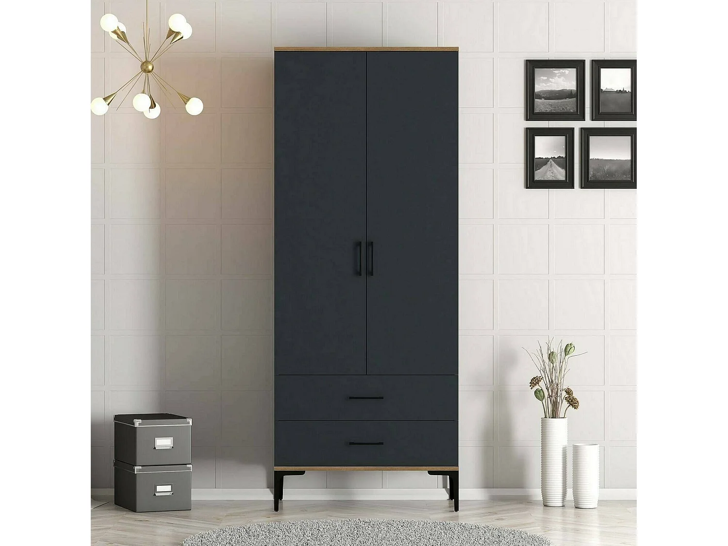 Kleiderschrank 2 Türen Dpan, Schlafzimmermöbel, Schrank, Garderobe, 80x201h48 cm, Walnuss und Anthrazit