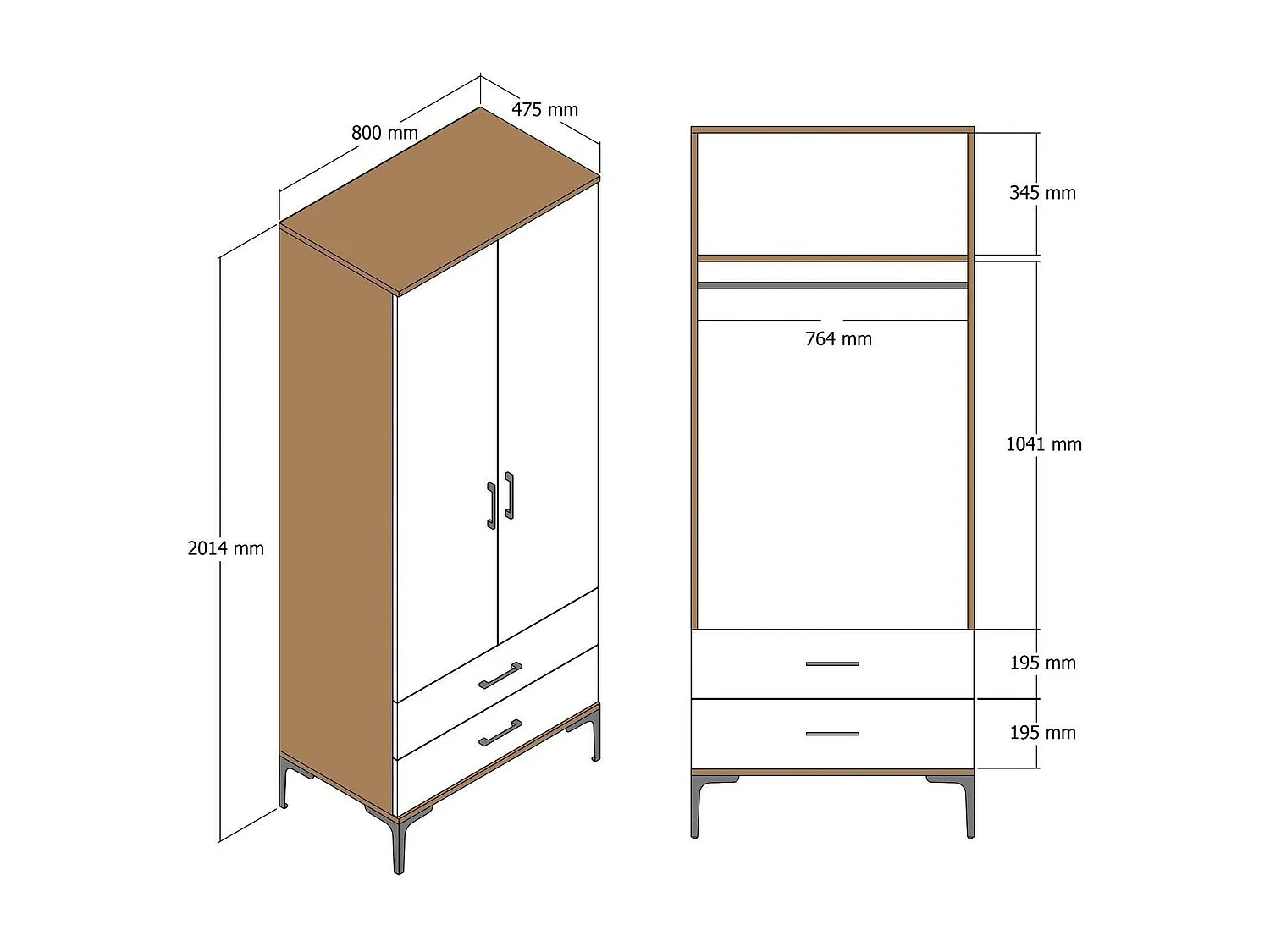 Armario 2 puertas Dpan, Muebles de dormitorio, Vestidor, Armario de ropa, 80x201h48 cm, Nogal y Antracita
