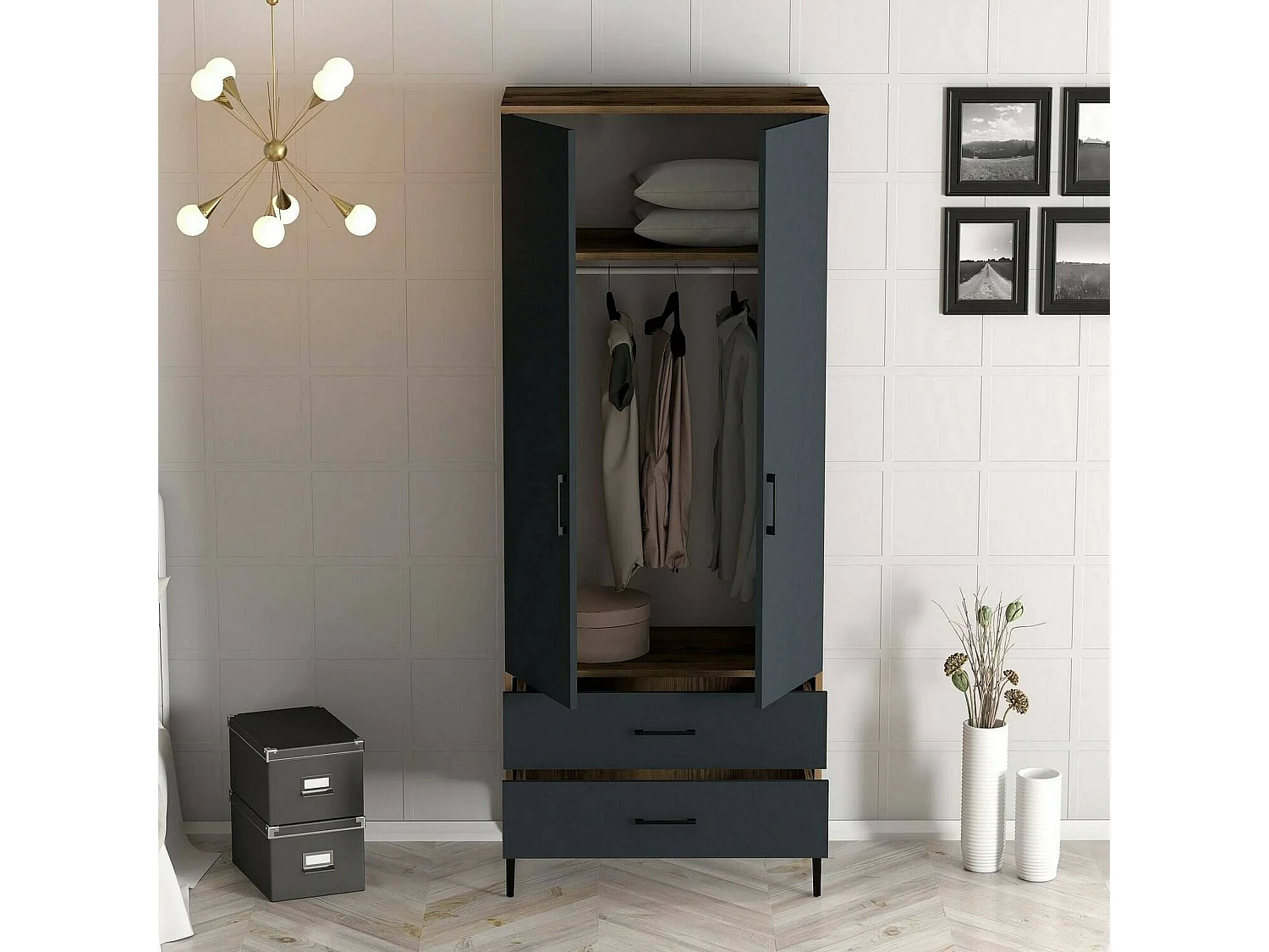 Armario 2 puertas Dpan, Muebles de dormitorio, Vestidor, Armario de ropa, 80x201h48 cm, Nogal y Antracita