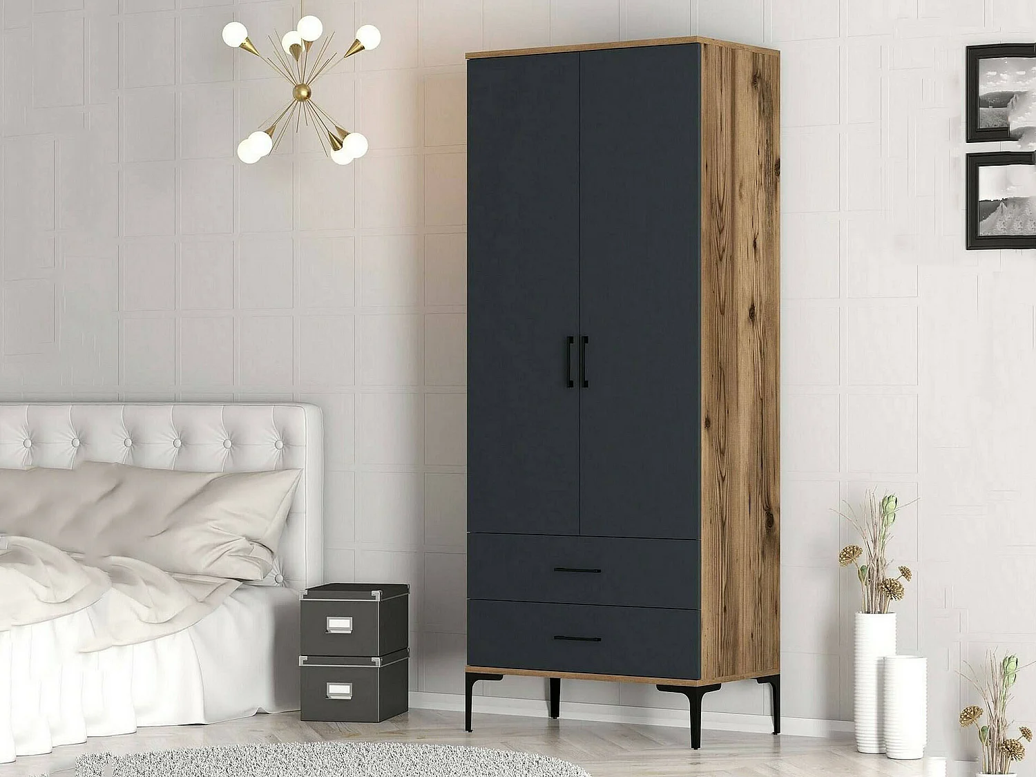 Garde-robe 2 portes Dpan, Meubles de chambre, Penderie de plain-pied, Placard à vêtements, 80x201h48 cm, Noyer et Anthracite