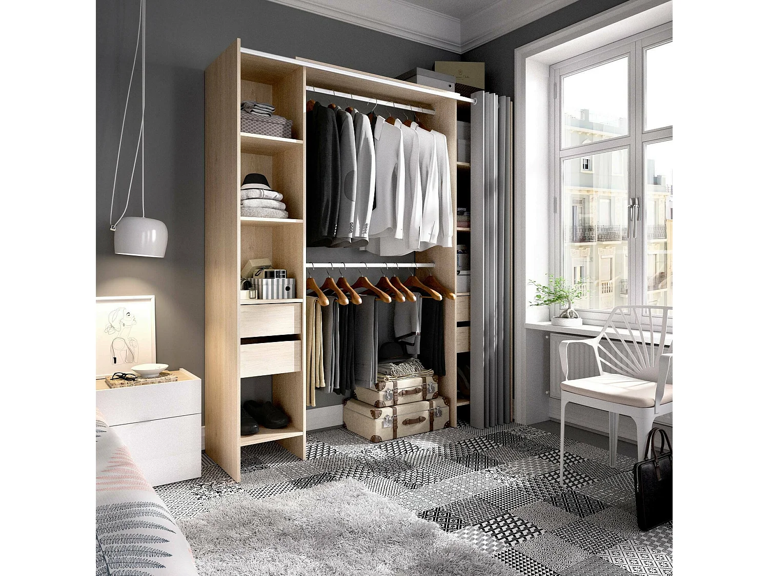 Grande Garde-robe Dstrak, Meubles de chambre, Penderie de plain-pied, Placard à vêtements, 180x50 h205 cm, Chêne clair