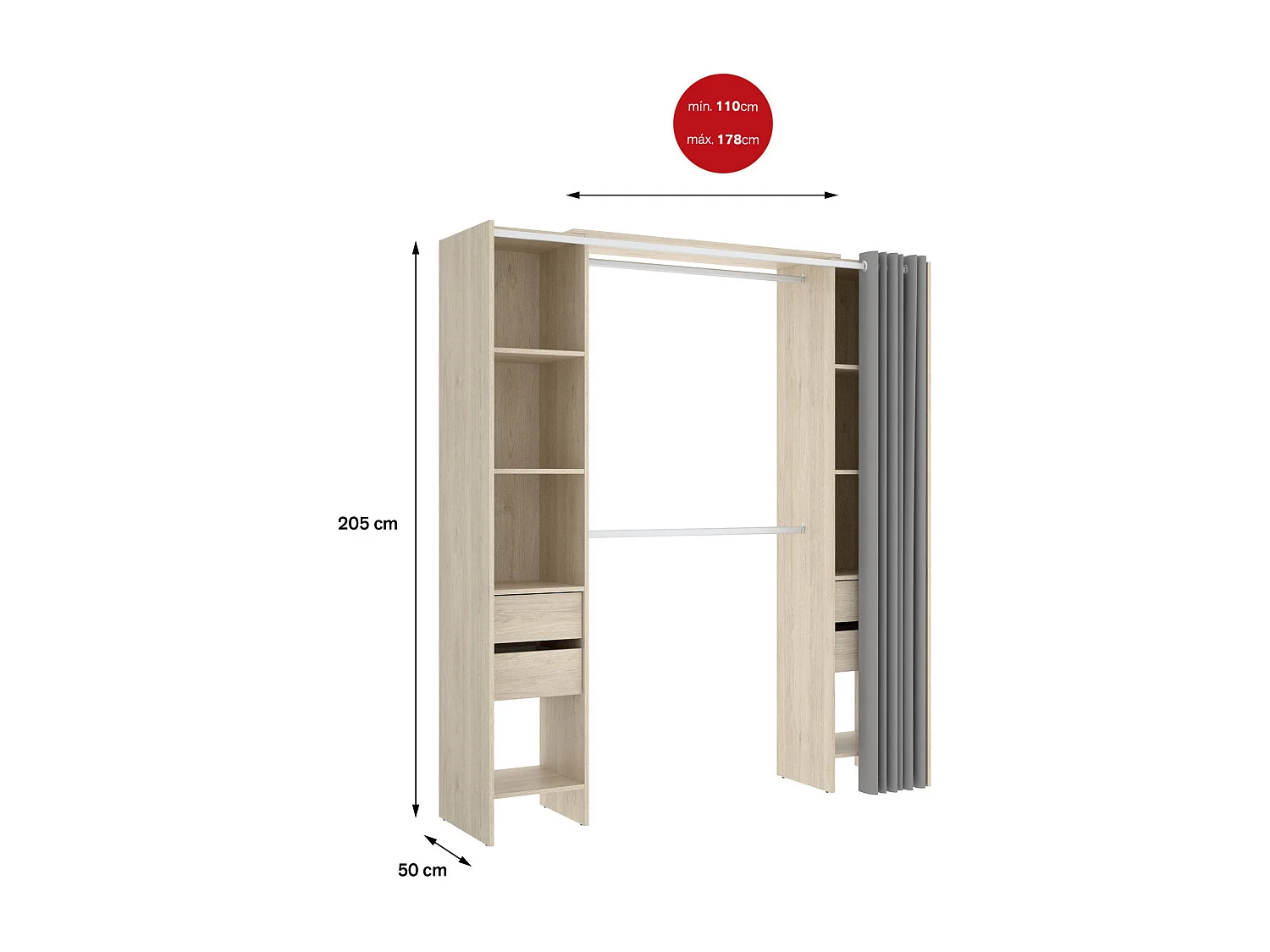 Guardaroba Grande Olaf, 4 Cassetti, 50x205h cm Marrone Rovere, Armadio Camera da Letto