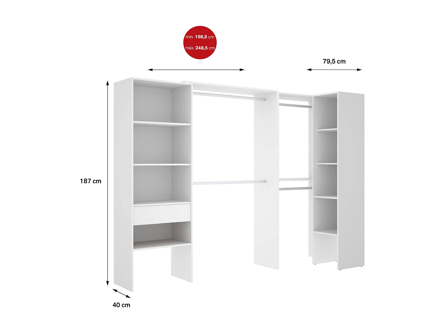 Grande Garde-robe Dhenle, Meubles de chambre, Penderie de plain-pied, Placard à vêtements, 248x79 h187 cm, Blanc