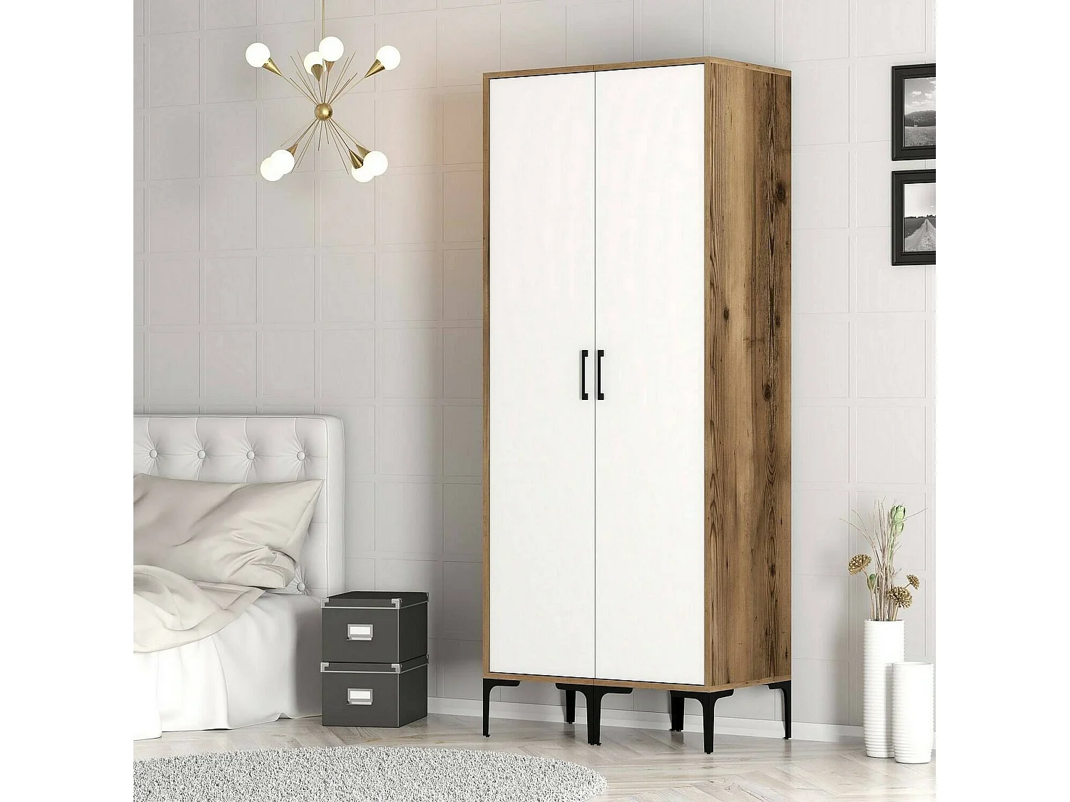 Garde-robe 2 portes Dbonanse, Meubles de chambre, Penderie de plain-pied, Placard à vêtements, 80x201h48 cm, Blanc et Noyer