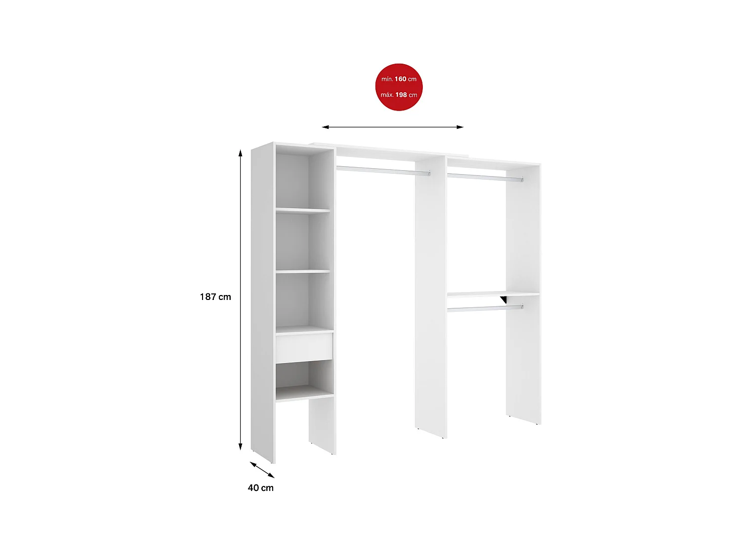 Großer Kleiderschrank Dburn, Schlafzimmermöbel, Schrank, Garderobe, 98x42 h187 cm, Weiß