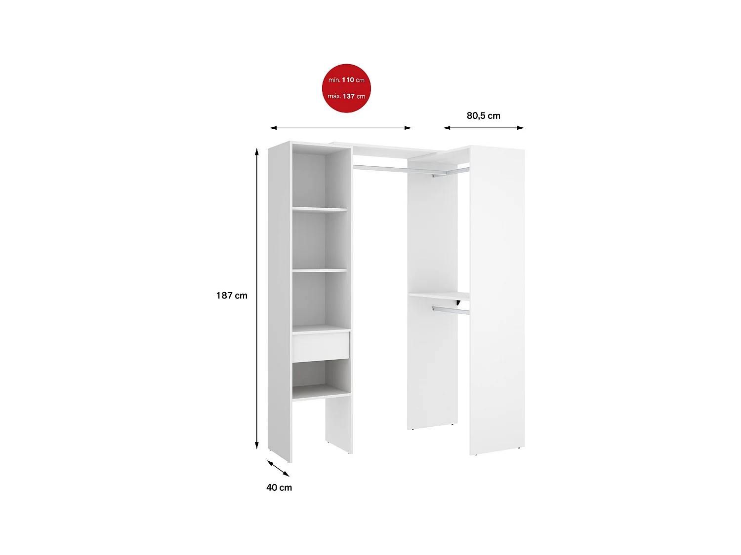 Großer Kleiderschrank Dburn, Schlafzimmermöbel, Schrank, Garderobe, 98x42 h187 cm, Weiß