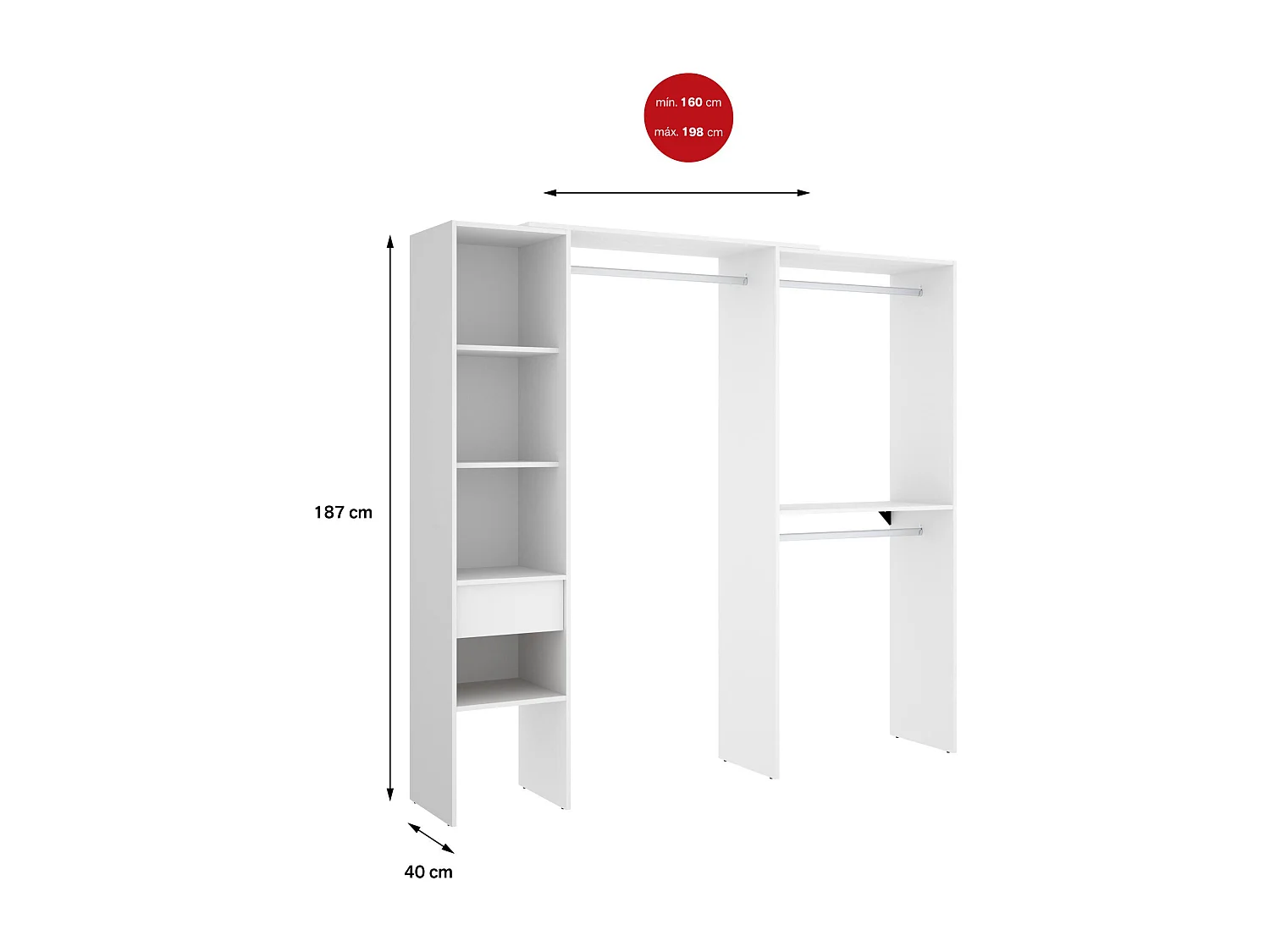 Grande Garde-robe Dburn, Meubles de chambre, Penderie de plain-pied, Placard à vêtements, 98x42 h187 cm, Blanc