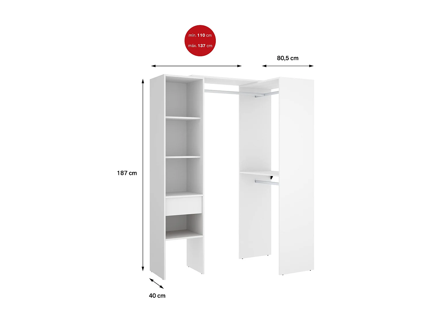 Dburn grote kledingkast, Slaapkamermeubel, Inloopkast, Kledingkast, 98x42 h187 cm, Wit