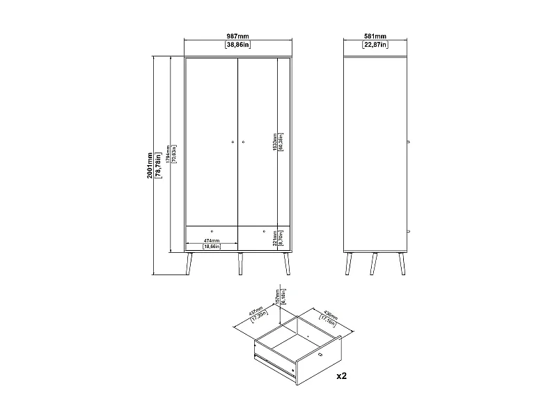 Garde-robe 2 portes Dscarp, Meubles de chambre, Penderie de plain-pied, Placard à vêtements, 99x58 h200 cm, Blanc