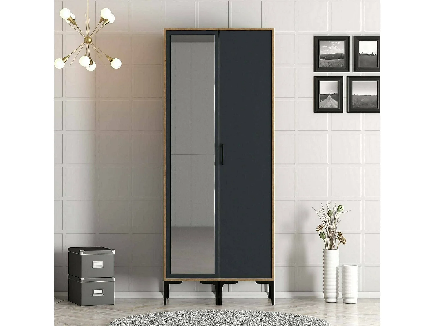 Garde-robe 2 portes Dbergonz, Meubles de chambre, Penderie de plain-pied, Placard à vêtements, 80x201h48 cm, Noyer et Anthracite