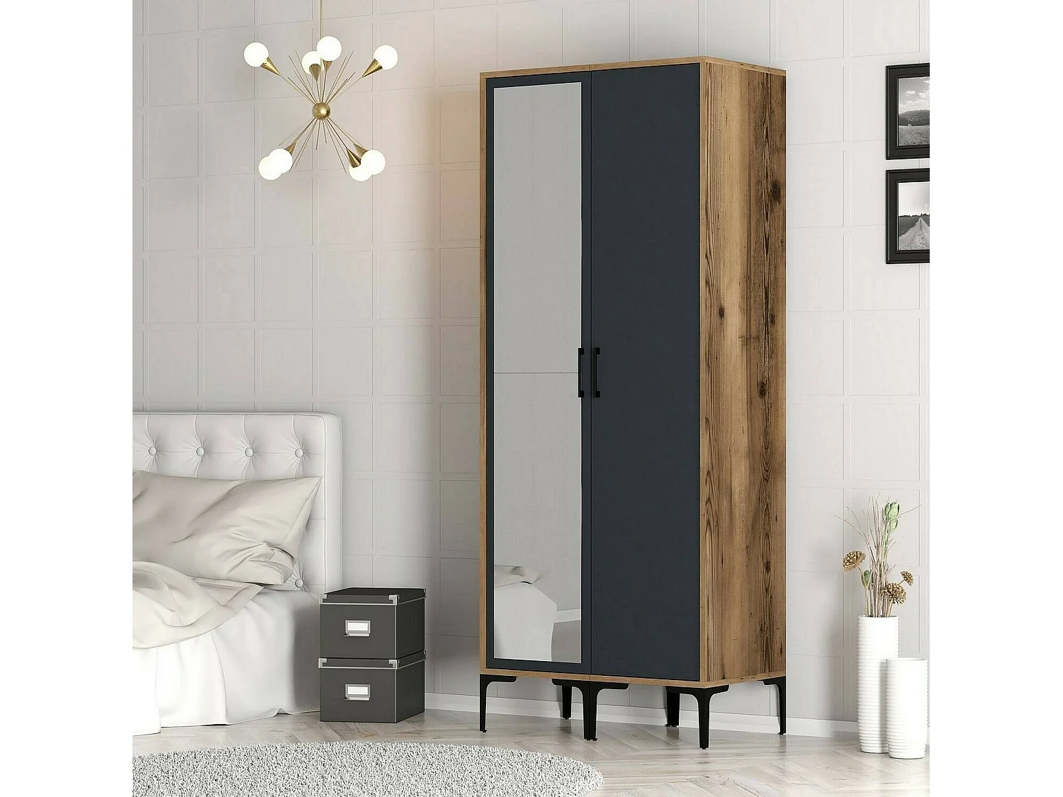 Kleiderschrank 2 Türen Dbergonz, Schlafzimmermöbel, Schrank, Garderobe, 80x201h48 cm, Walnuss und Anthrazit