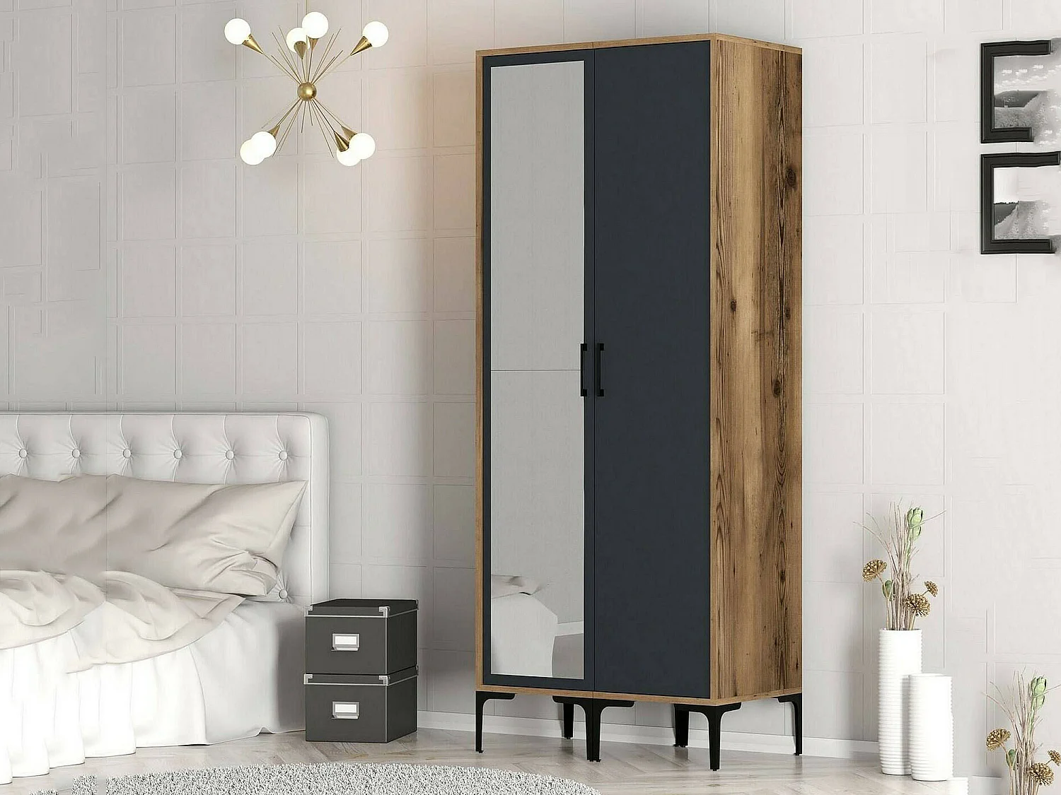 Garde-robe 2 portes Dbergonz, Meubles de chambre, Penderie de plain-pied, Placard à vêtements, 80x201h48 cm, Noyer et Anthracite