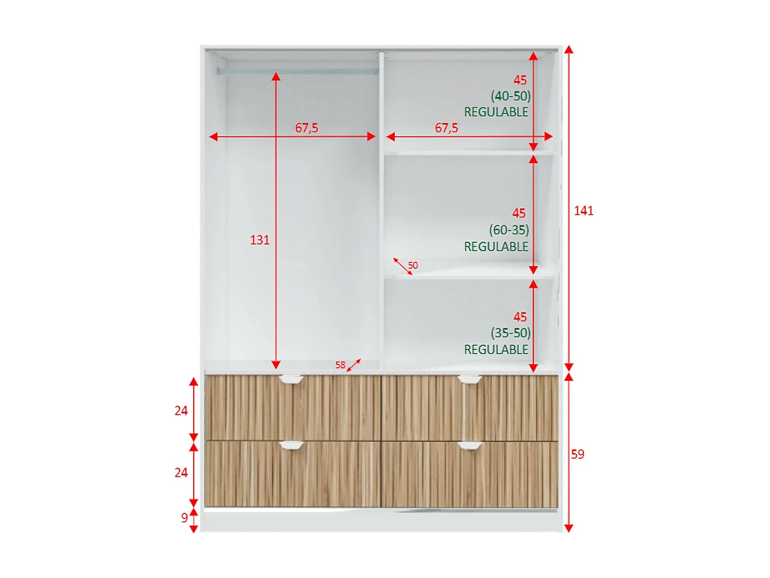 Armário Dzedadk de 2 portas, mobiliário de quarto, roupeiro, roupeiro, 140x60 h200 cm, branco e carvalho