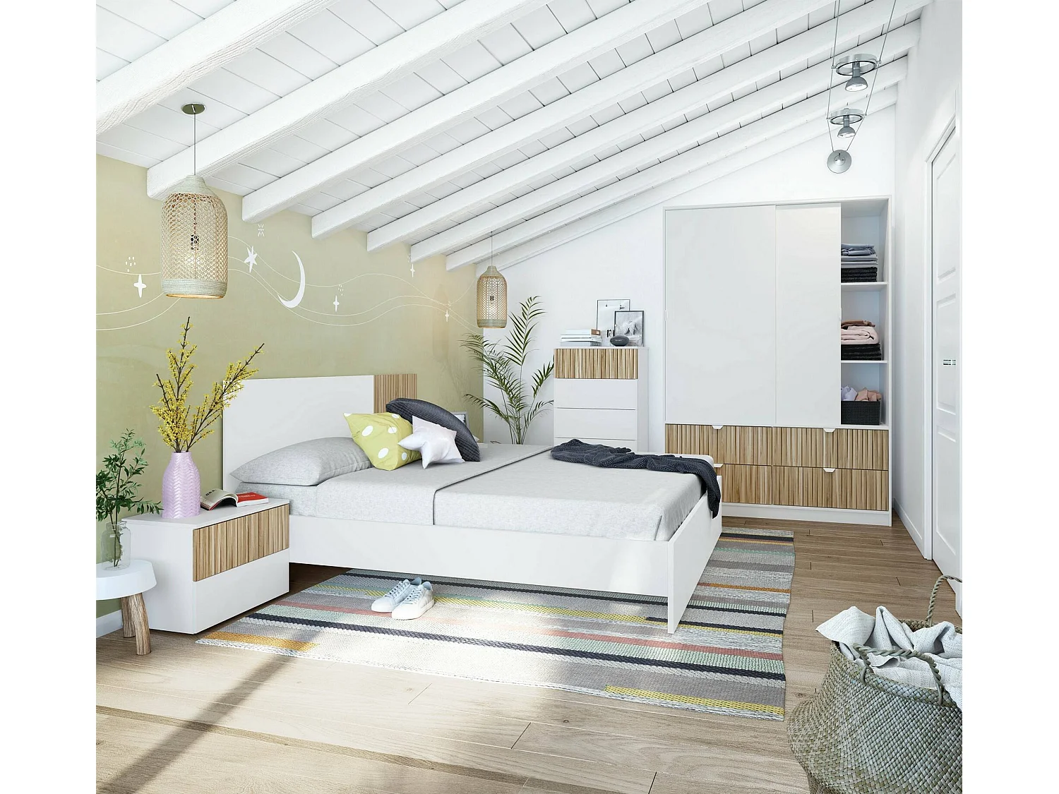 Armário Dzedadk de 2 portas, mobiliário de quarto, roupeiro, roupeiro, 140x60 h200 cm, branco e carvalho